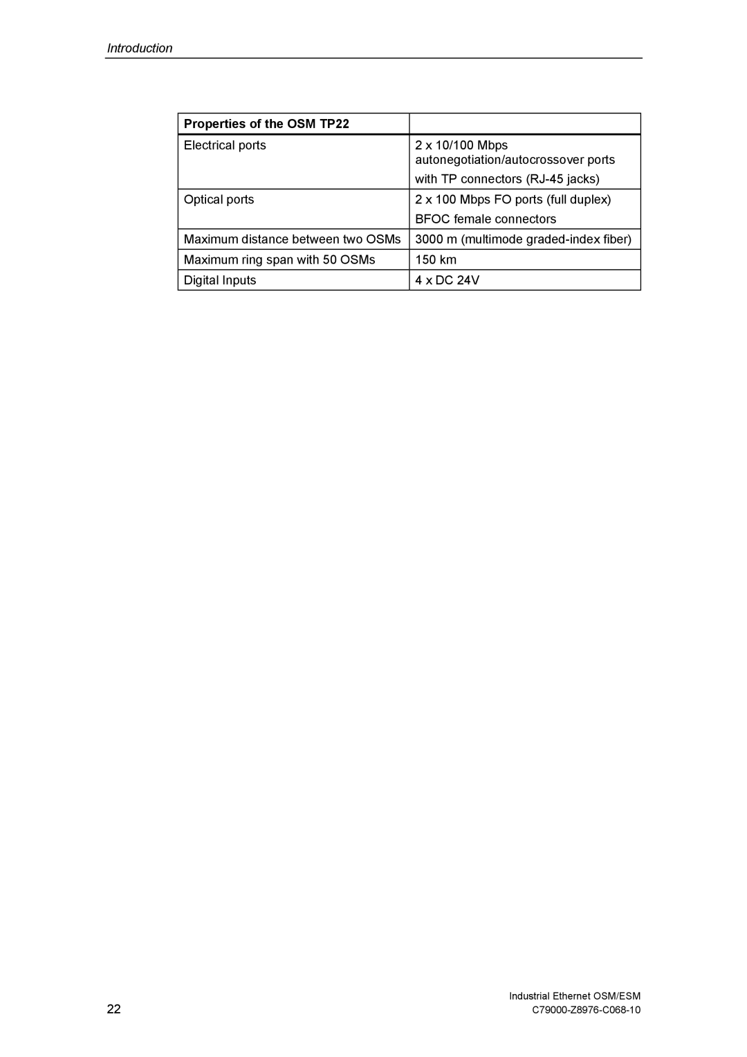 Siemens ESM technical specifications Properties of the OSM TP22 