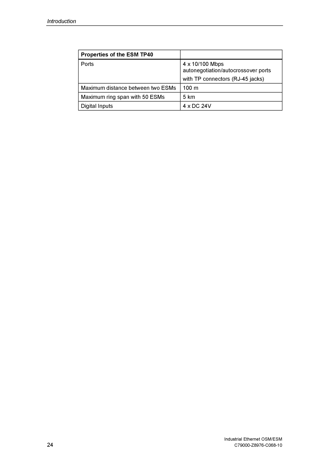 Siemens OSM technical specifications Properties of the ESM TP40 