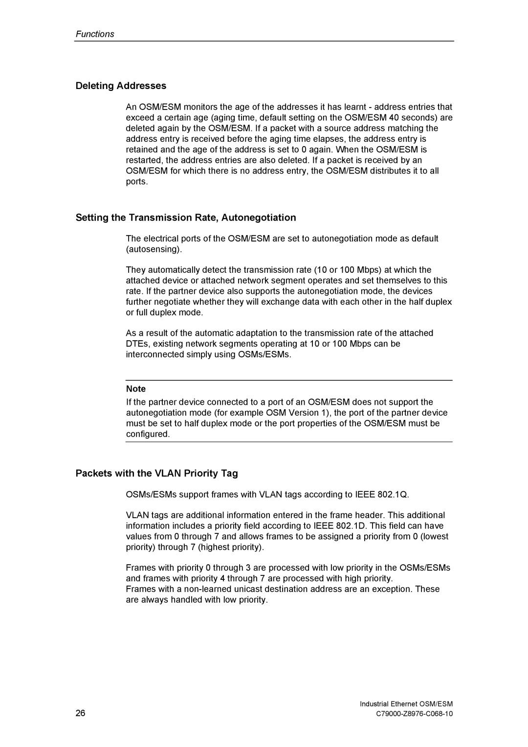 Siemens ESM, OSM Deleting Addresses, Setting the Transmission Rate, Autonegotiation, Packets with the Vlan Priority Tag 