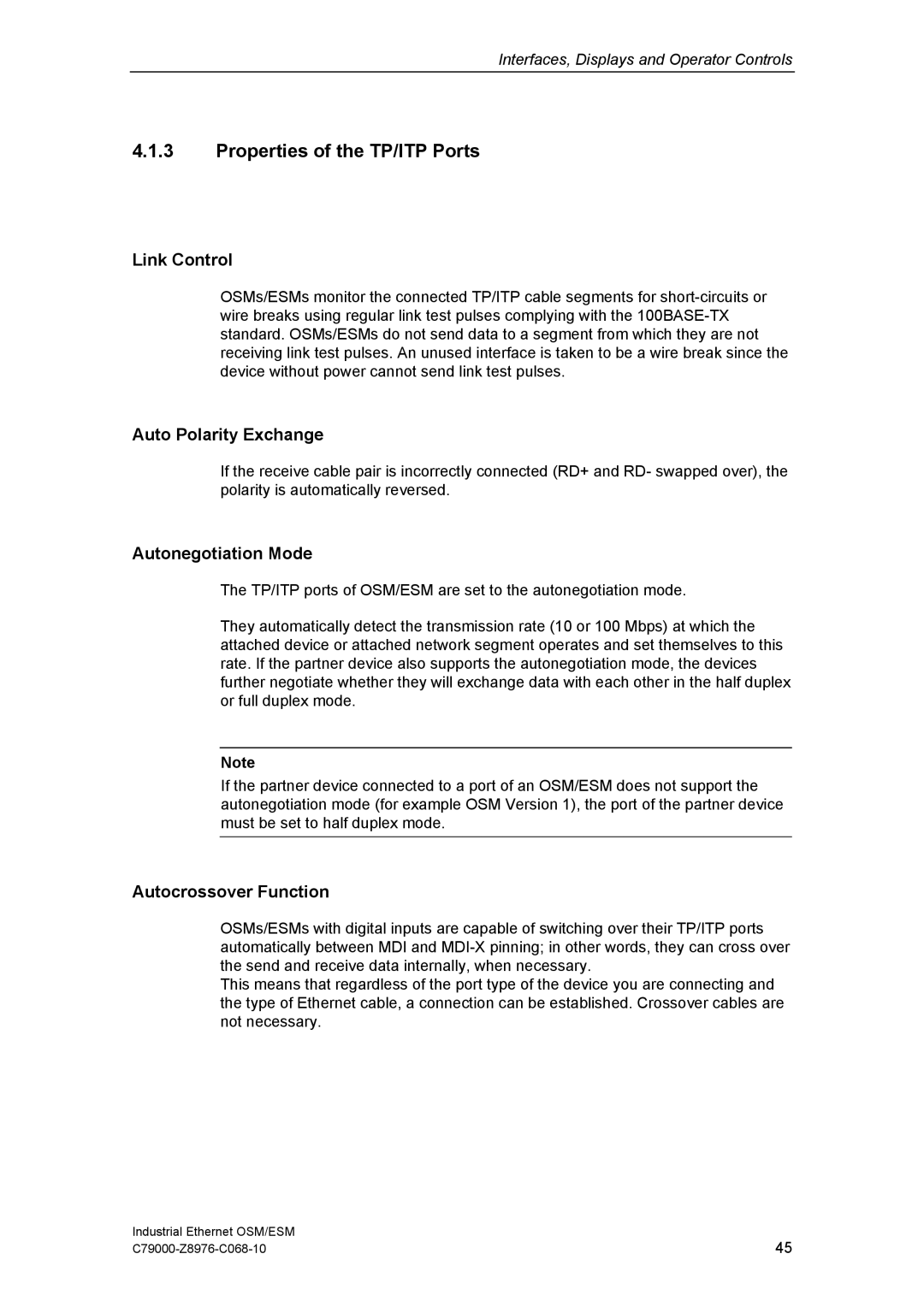 Siemens OSM, ESM Properties of the TP/ITP Ports, Link Control, Auto Polarity Exchange, Autonegotiation Mode 