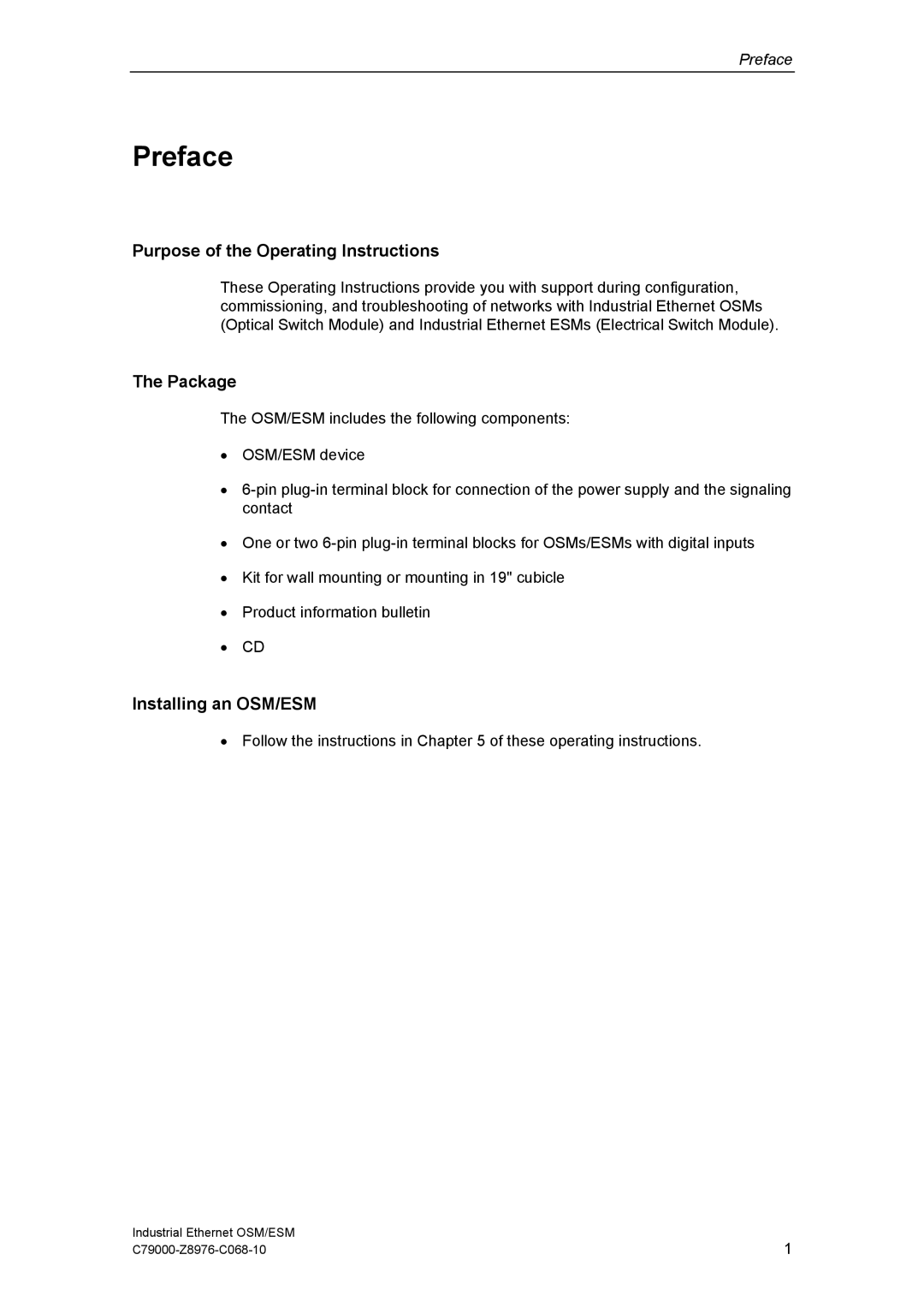 Siemens technical specifications Preface, Purpose of the Operating Instructions, Package, Installing an OSM/ESM 