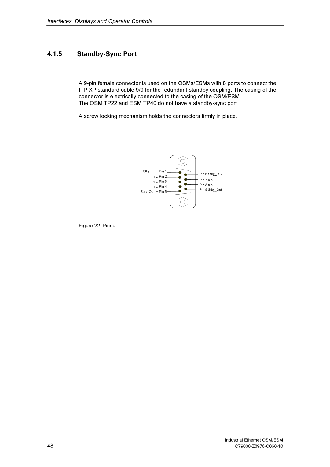 Siemens ESM, OSM technical specifications Standby-Sync Port, Pinout 