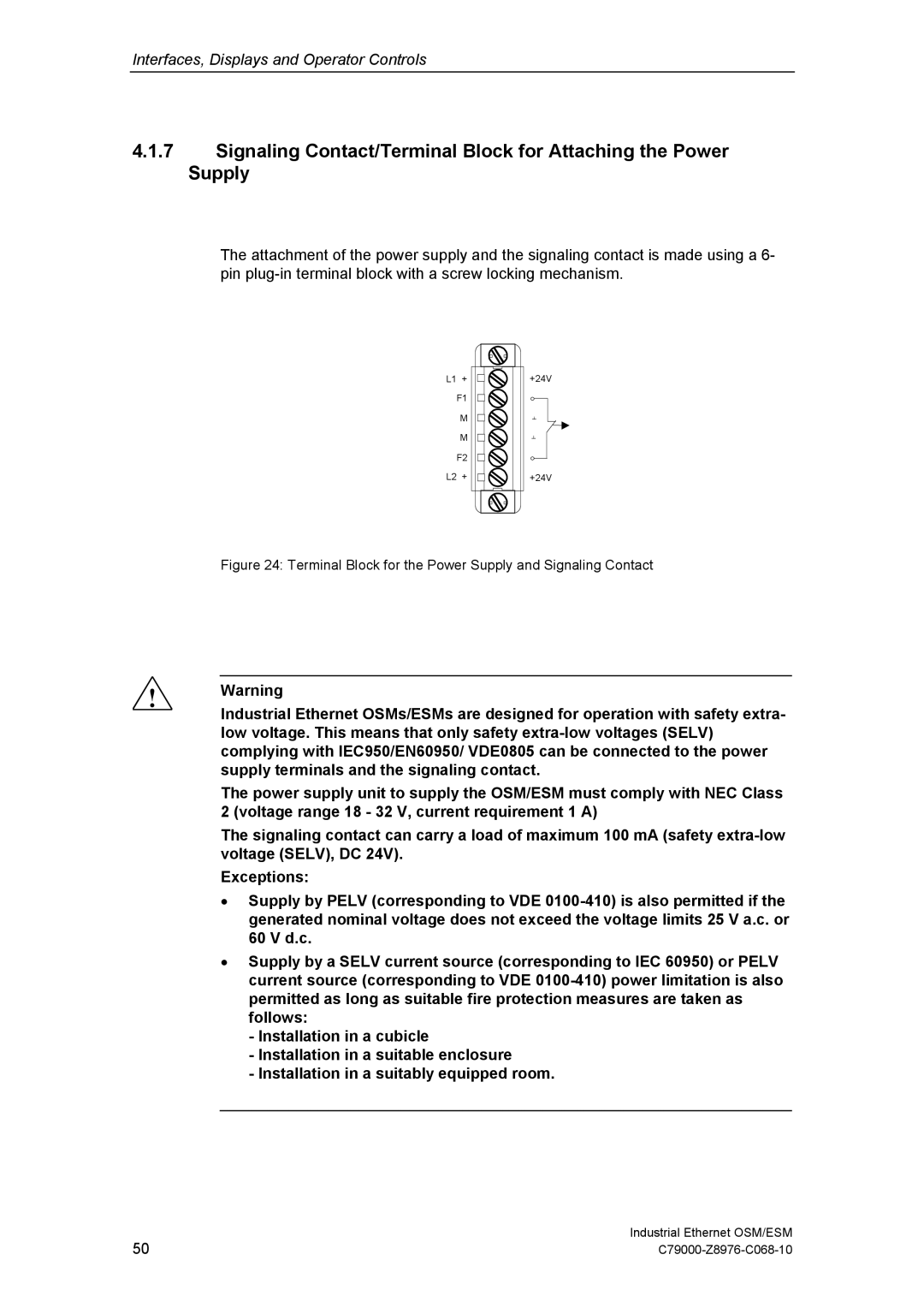 Siemens ESM, OSM technical specifications Terminal Block for the Power Supply and Signaling Contact 