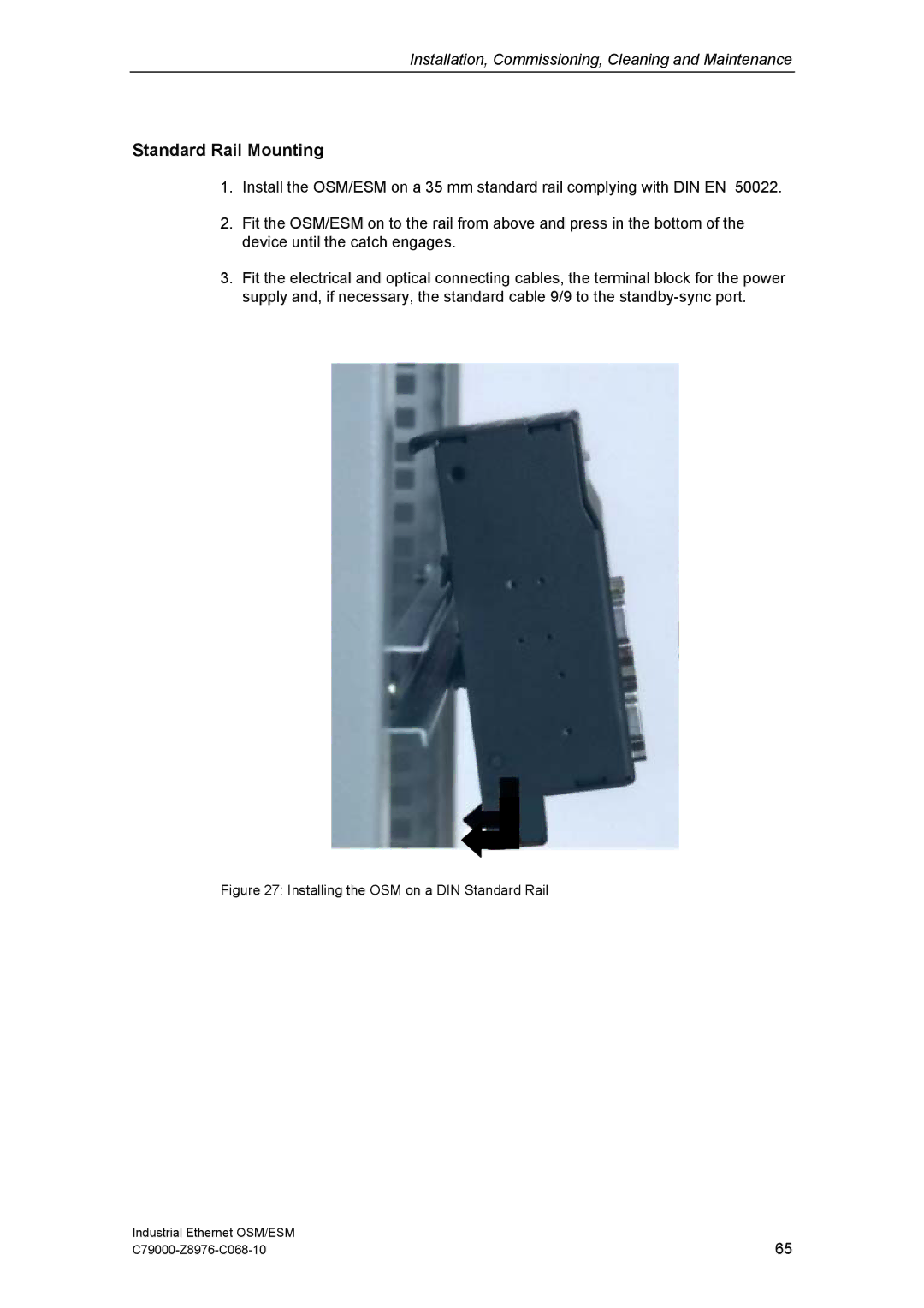 Siemens ESM technical specifications Standard Rail Mounting, Installing the OSM on a DIN Standard Rail 