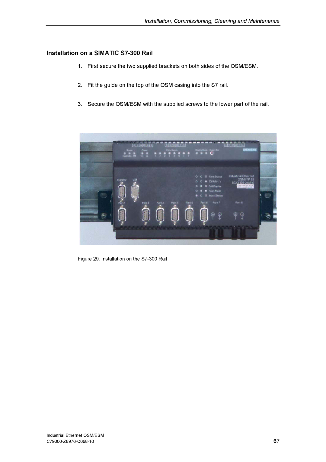 Siemens OSM, ESM technical specifications Installation on a Simatic S7-300 Rail, Installation on the S7-300 Rail 