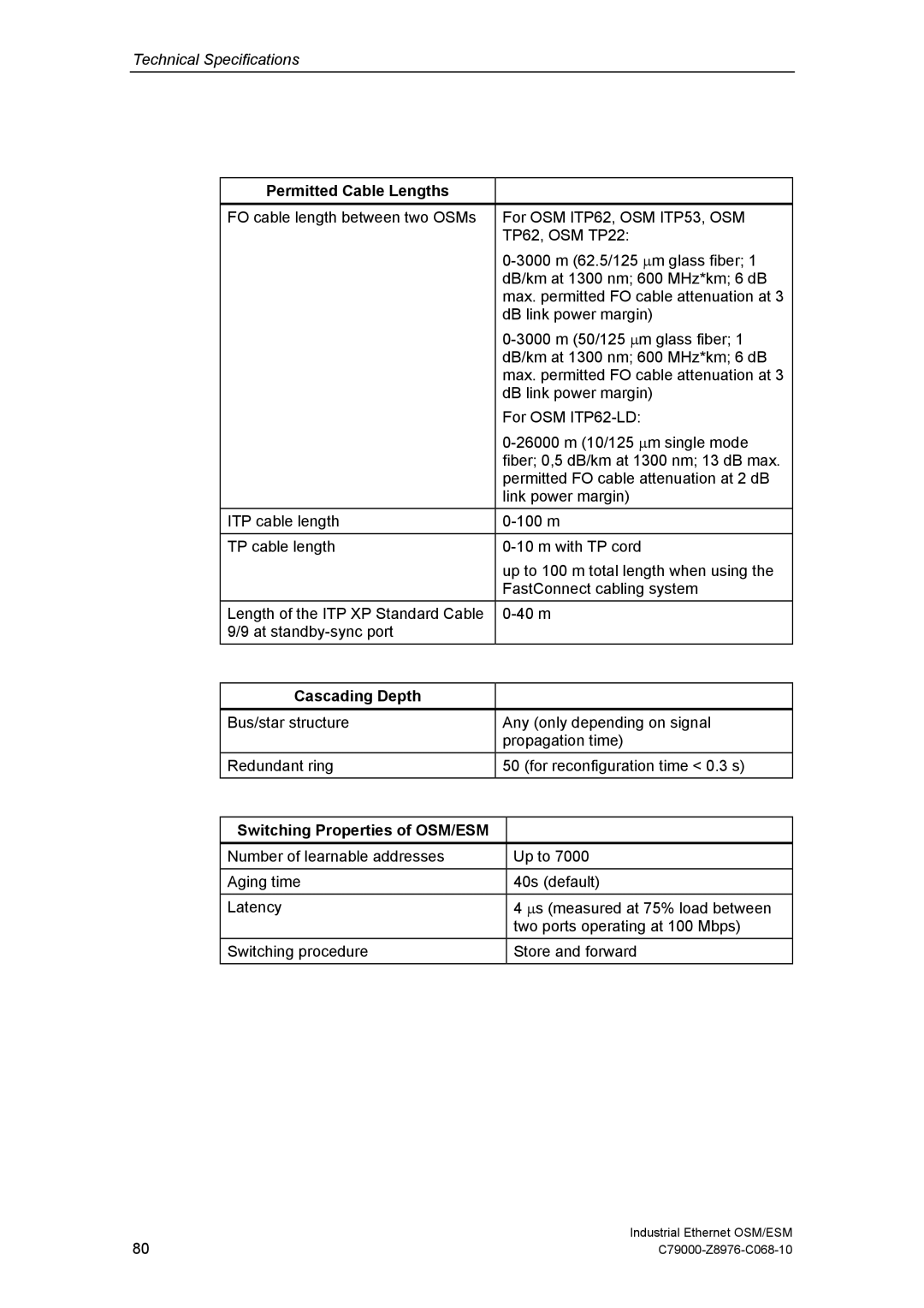 Siemens technical specifications Permitted Cable Lengths, Cascading Depth, Switching Properties of OSM/ESM 