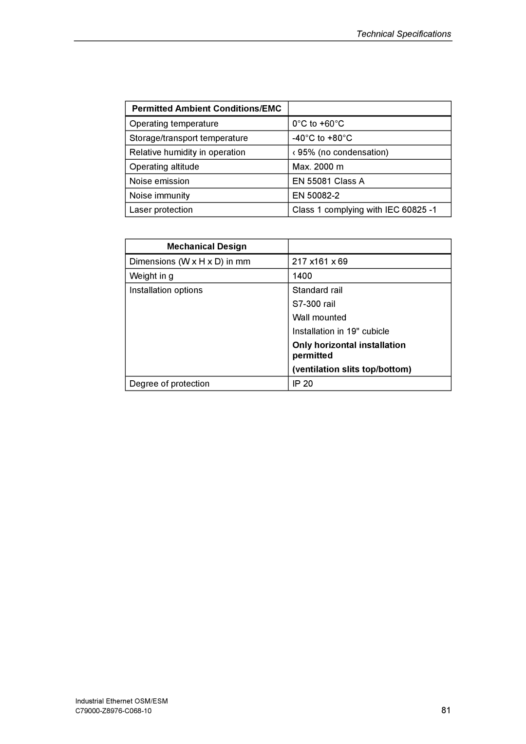 Siemens OSM, ESM technical specifications Permitted Ambient Conditions/EMC, Mechanical Design, Only horizontal installation 