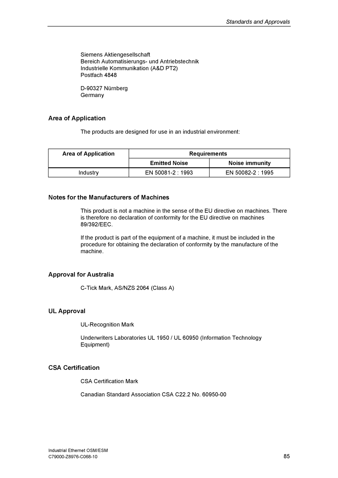 Siemens OSM, ESM technical specifications Area of Application, Approval for Australia, UL Approval, CSA Certification 