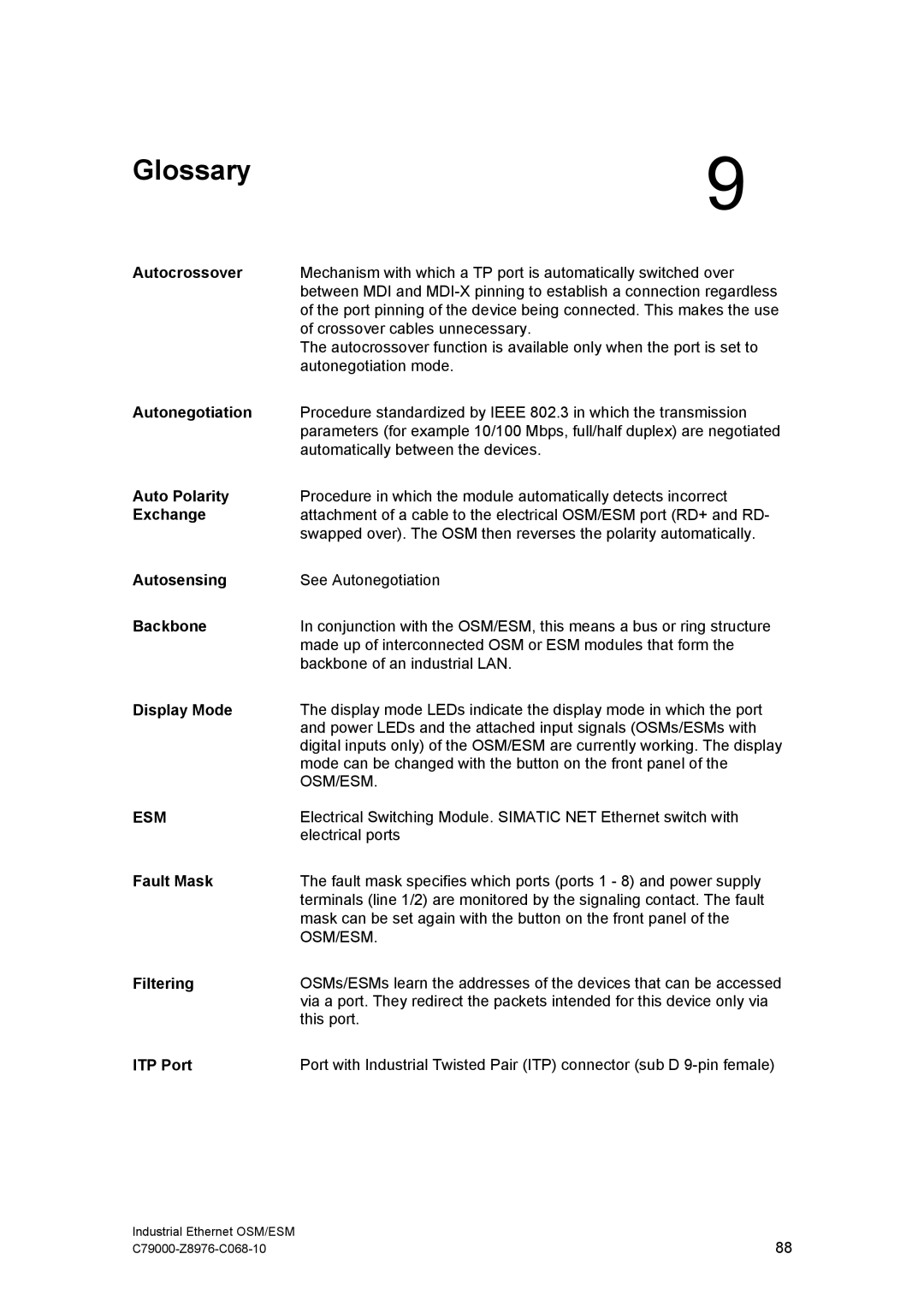 Siemens ESM, OSM technical specifications Glossary, Fault Mask Filtering ITP Port 