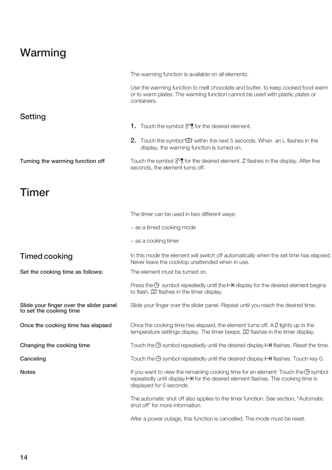 Siemens ET 97..UC, ET 77..UC manual Warming, Timer, Setting, Timed cooking 