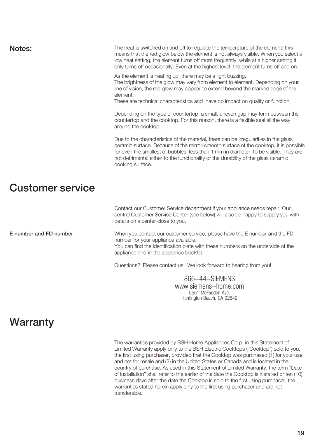 Siemens ET 77..UC, ET 97..UC manual Customer service, Warranty, 866 $$$ 