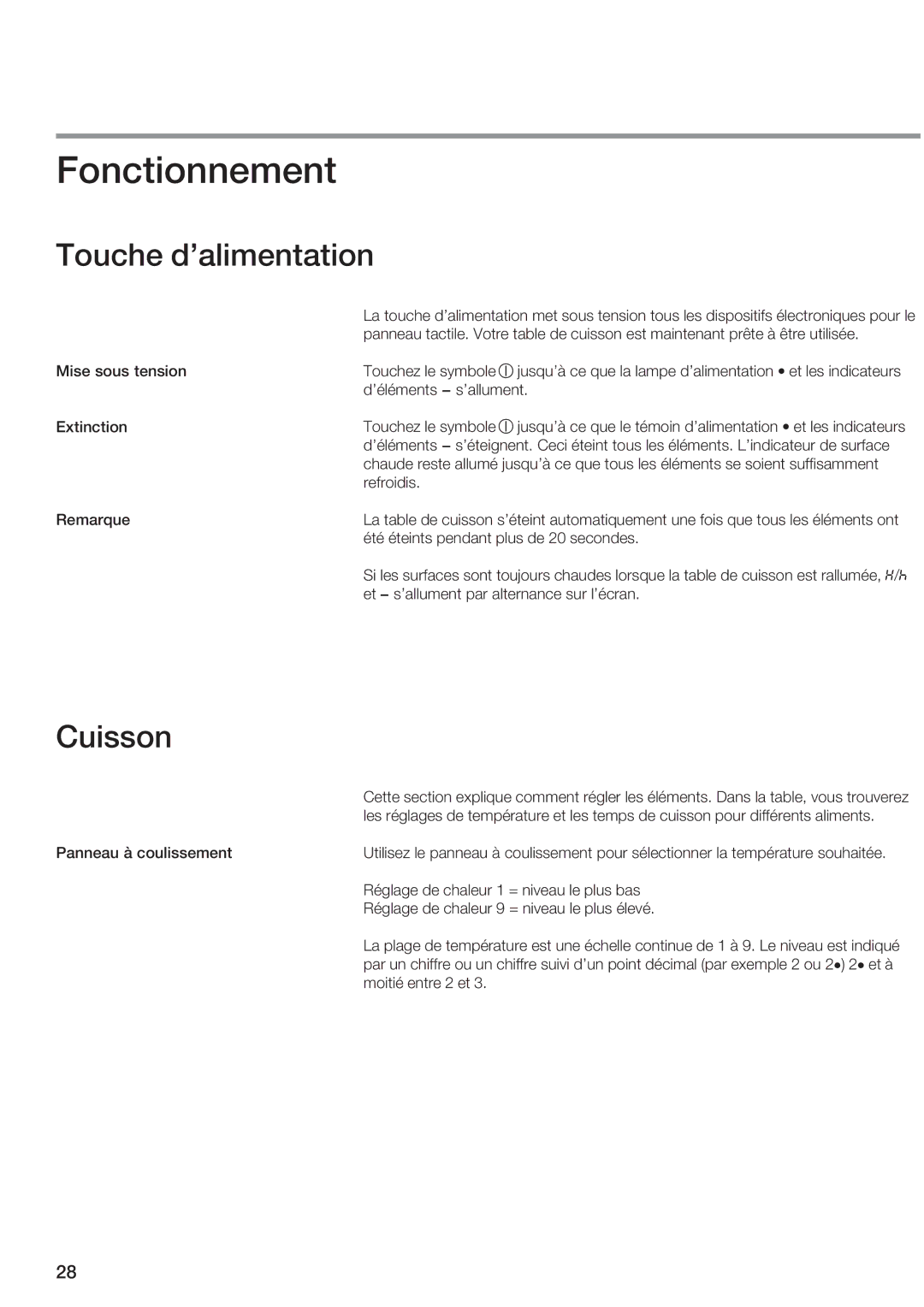 Siemens ET 97..UC, ET 77..UC manual Fonctionnement, Touche dalimentation, Cuisson 