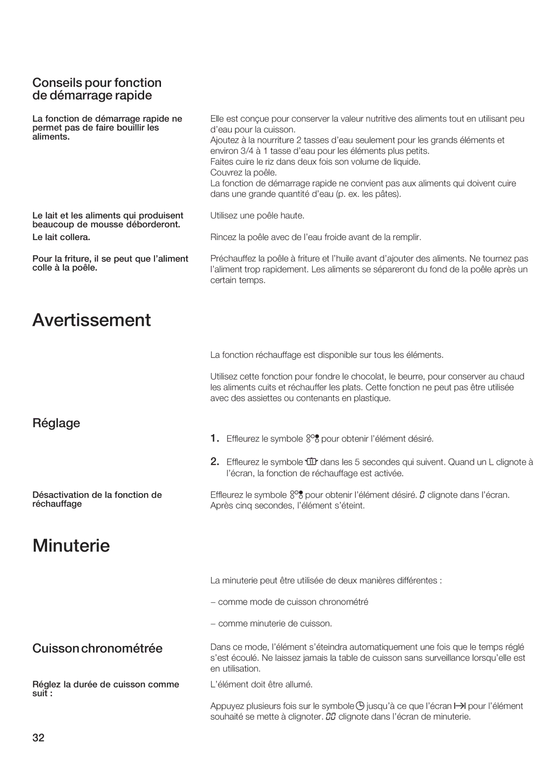 Siemens ET 97..UC Avertissement, Minuterie, Conseils pour fonction de démarrage rapide, Réglage, Cuisson chronométrée 