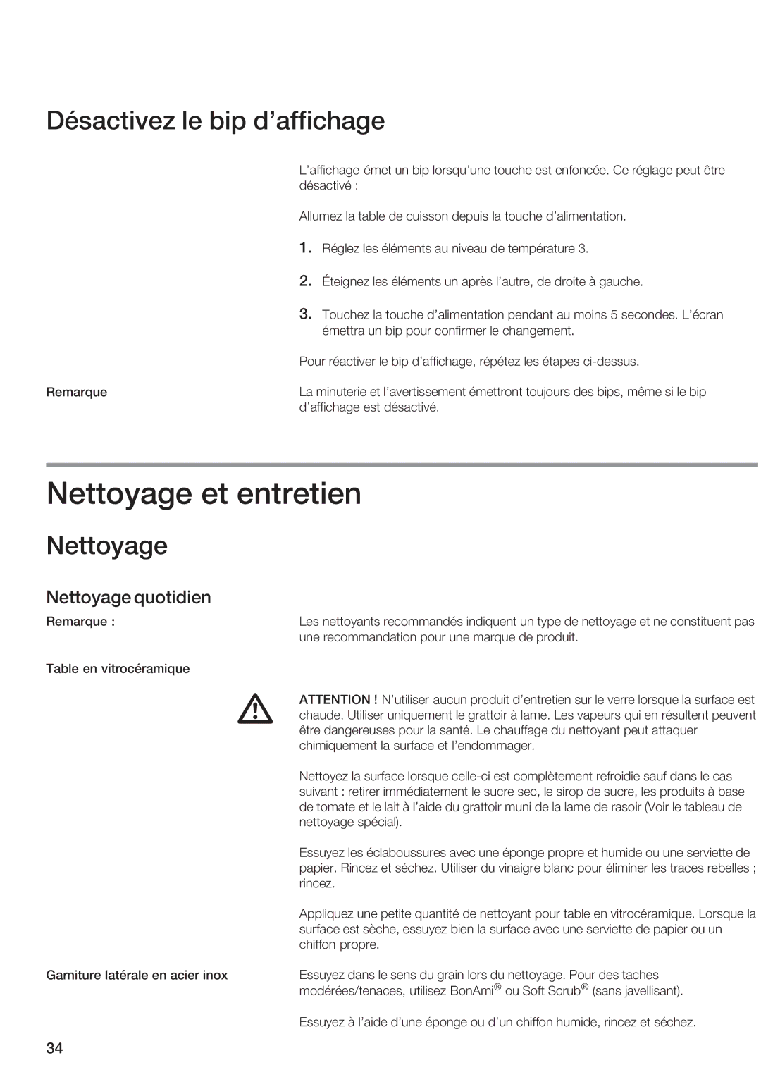 Siemens ET 97..UC, ET 77..UC manual +Nettoyage et entretien, Désactivez le bip daffichage, Nettoyage quotidien 