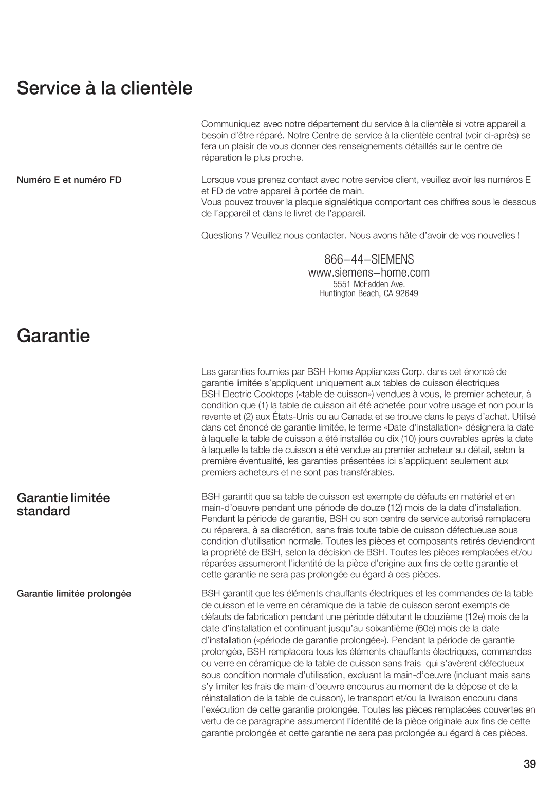 Siemens ET 77..UC, ET 97..UC manual Service à la clientèle, Garantie limitée standard 