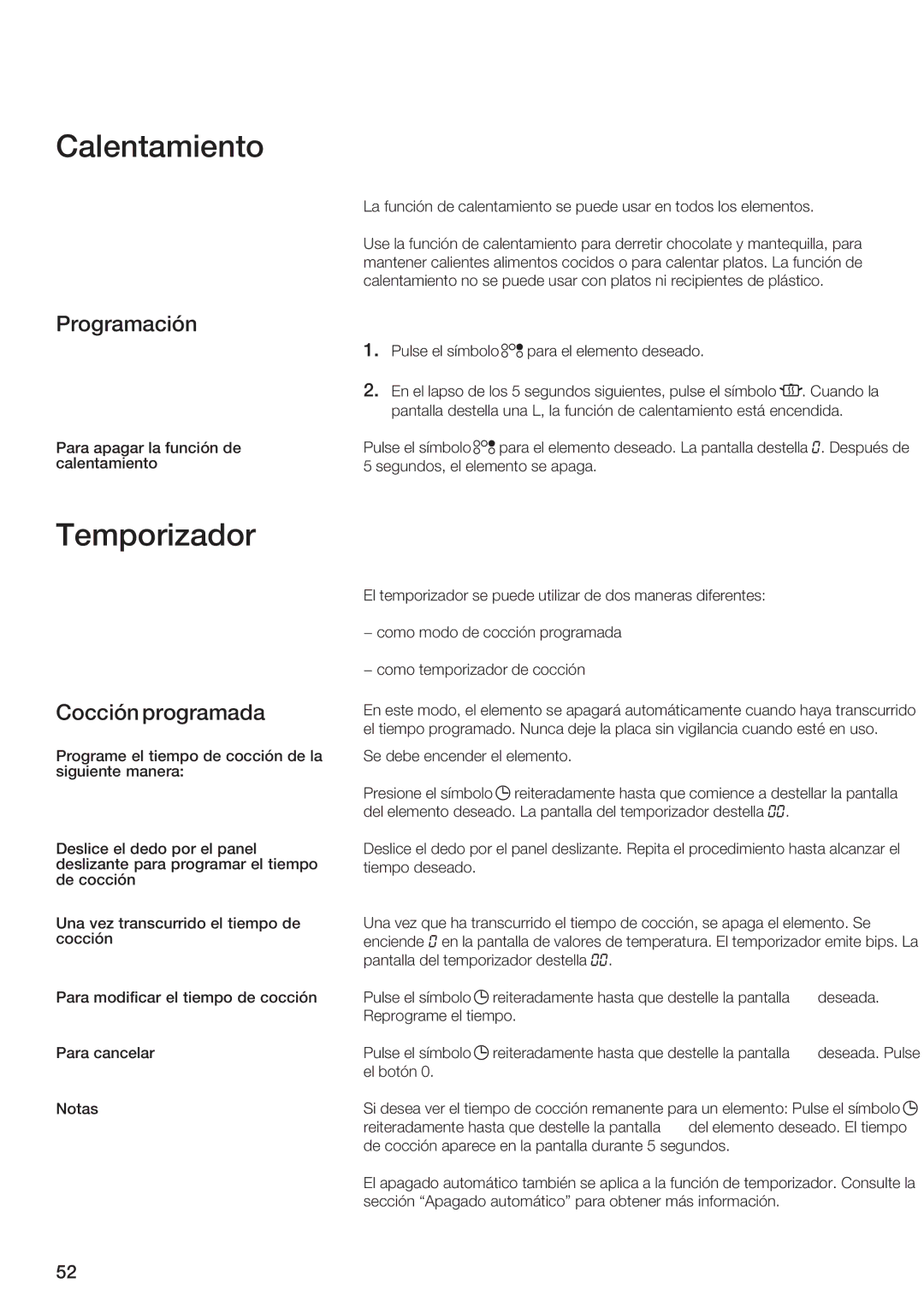 Siemens ET 97..UC, ET 77..UC manual Calentamento, Temporzador, Programacón, Coccón programada 