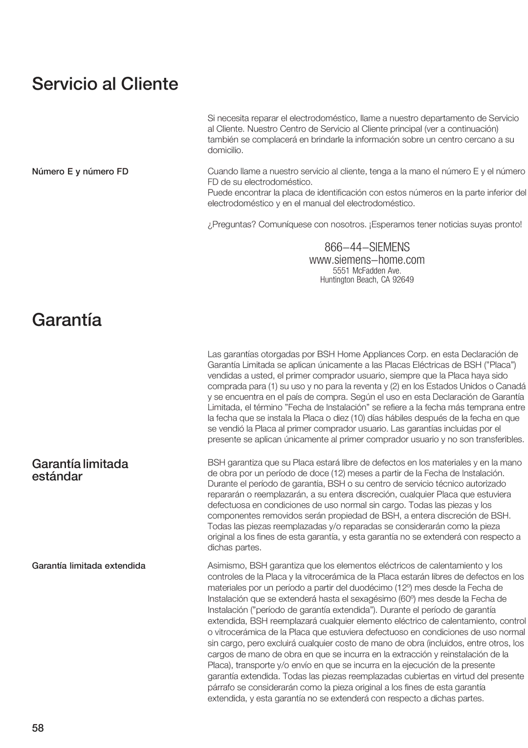 Siemens ET 97..UC, ET 77..UC manual Servicio al Cliente, Garantía limitada estándar 