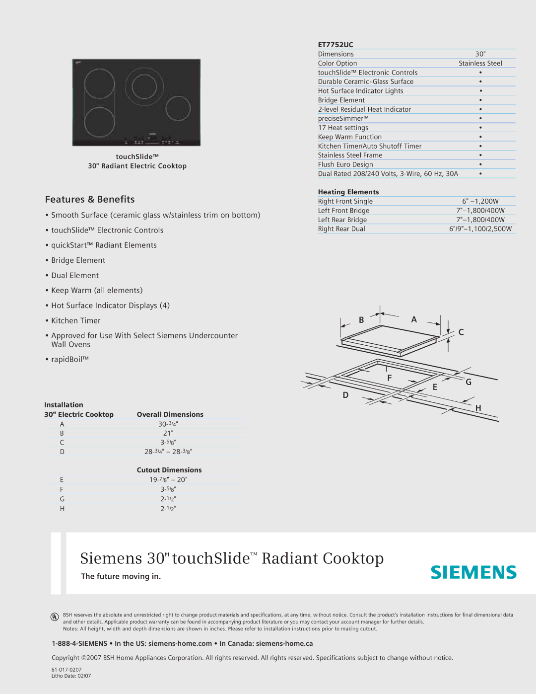 Siemens ET7752UC specifications Siemens 30 touchSlide Radiant Cooktop, Features & Benefits, Future moving 