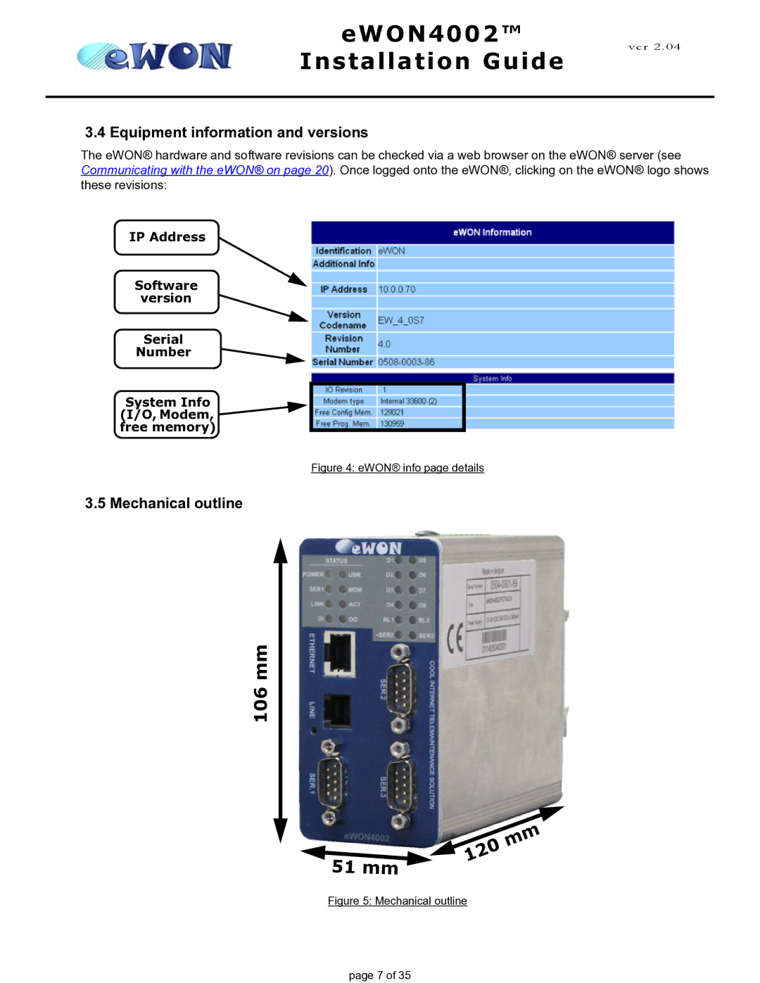 Siemens eWON4002 manual Equipment information and versions, Mechanical outline 