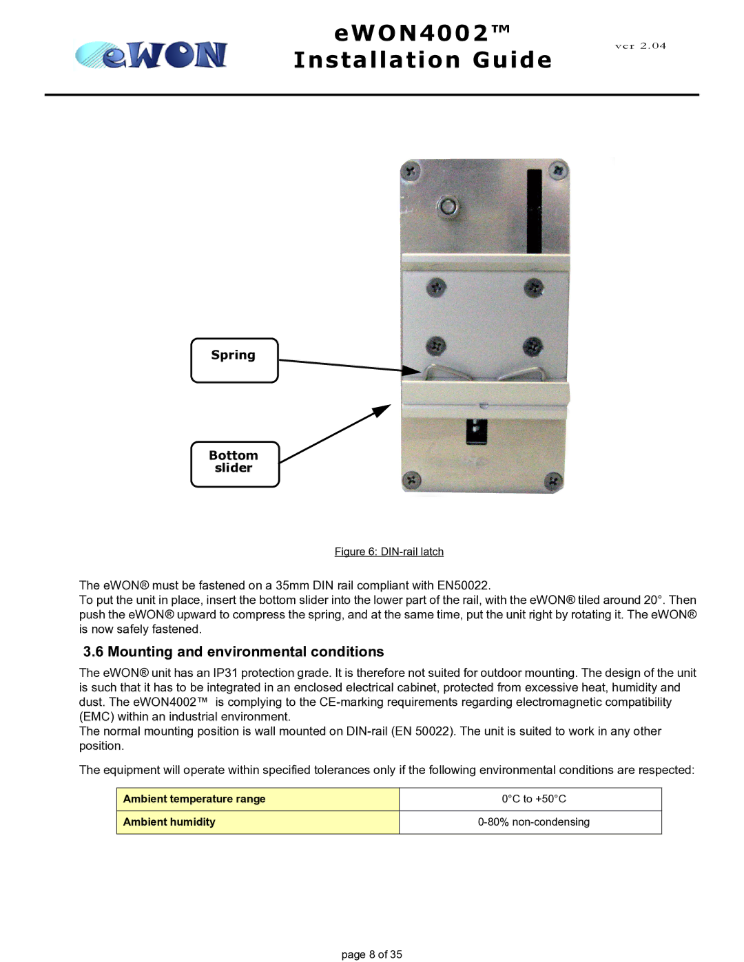 Siemens eWON4002 manual Mounting and environmental conditions, Spring Bottom Slider 