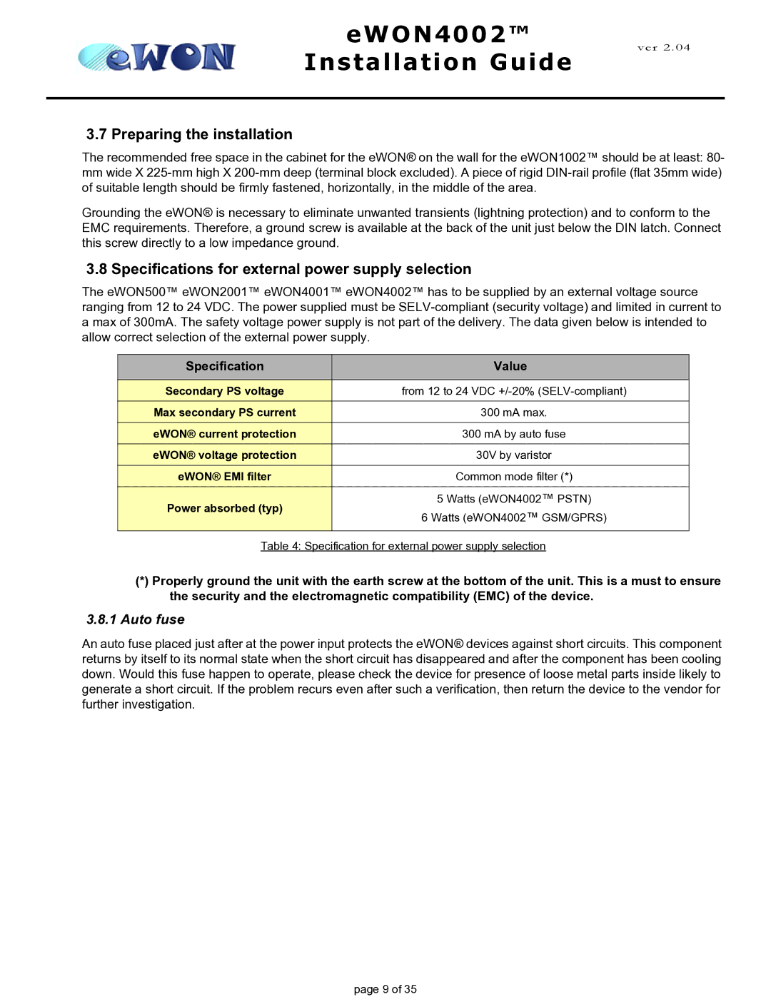 Siemens eWON4002 manual Preparing the installation, Specifications for external power supply selection, Auto fuse 