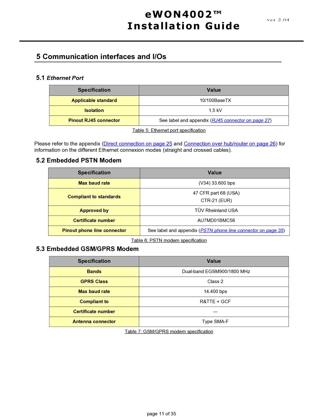 Siemens eWON4002 manual Communication interfaces and I/Os, Embedded Pstn Modem, Embedded GSM/GPRS Modem, Ethernet Port 