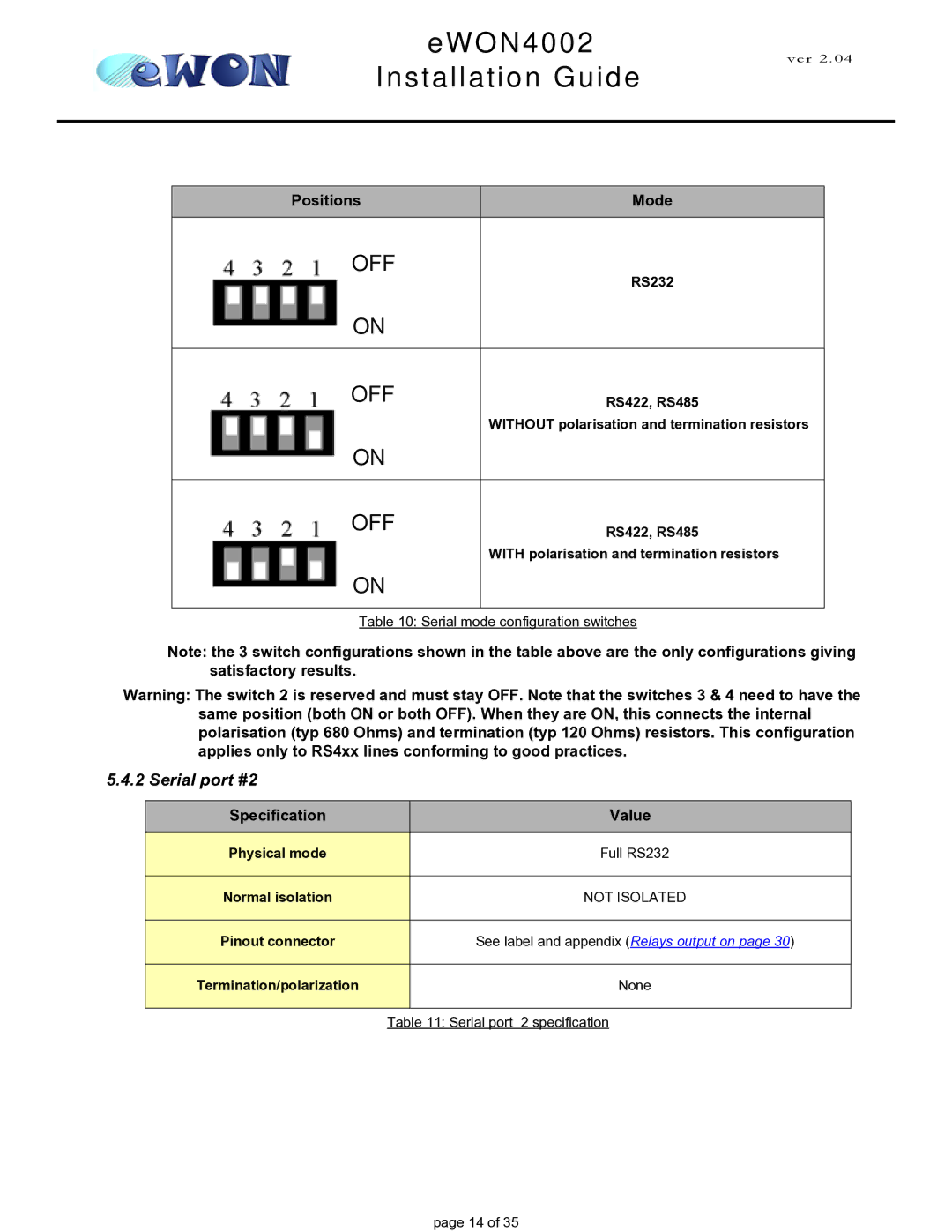 Siemens eWON4002 manual Serial port #2, Positions Mode 