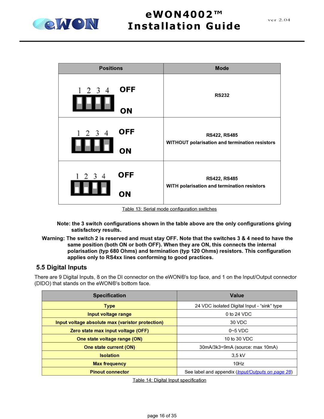 Siemens eWON4002 manual Digital Inputs 