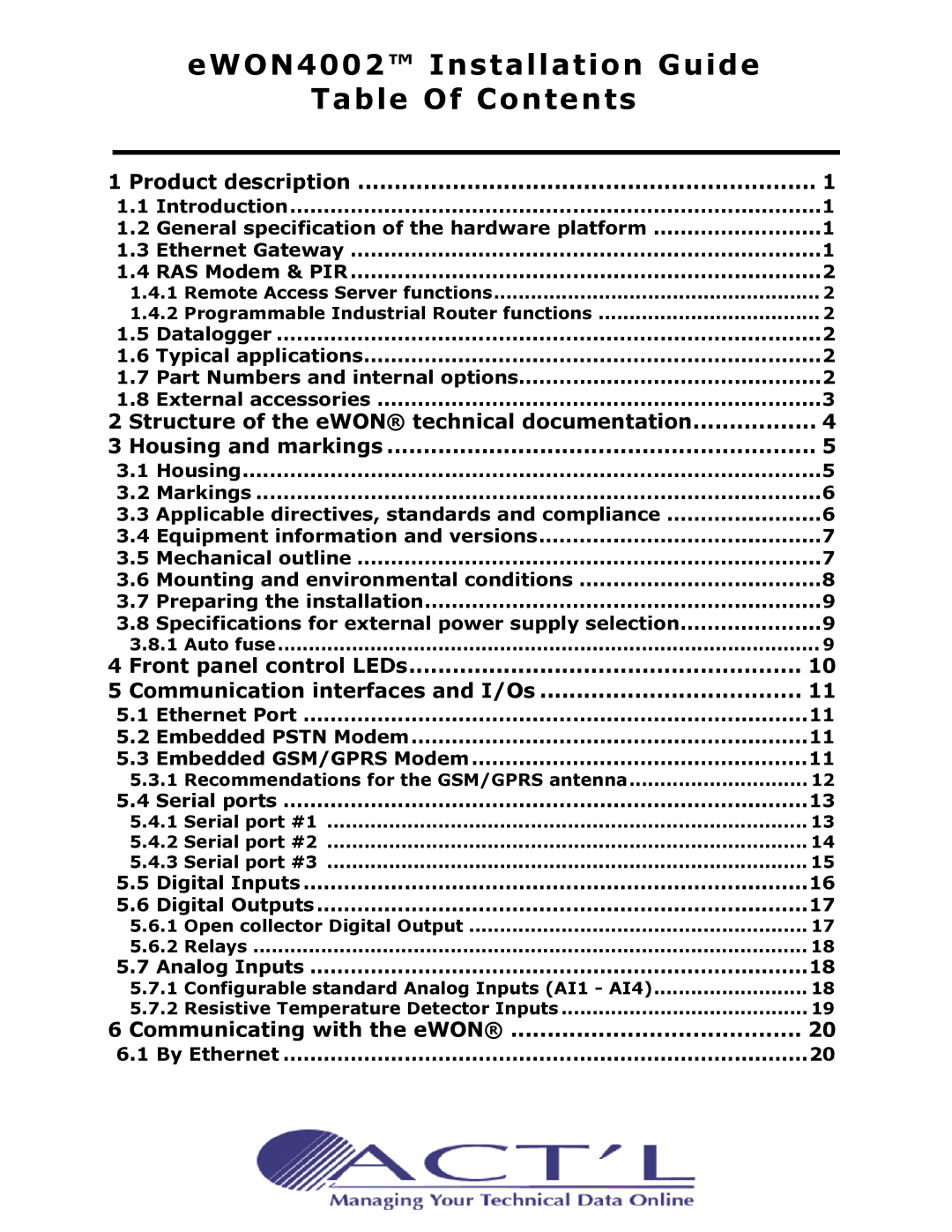 Siemens eWON4002 manual EWON4002 Installation Guide Table Of Contents 