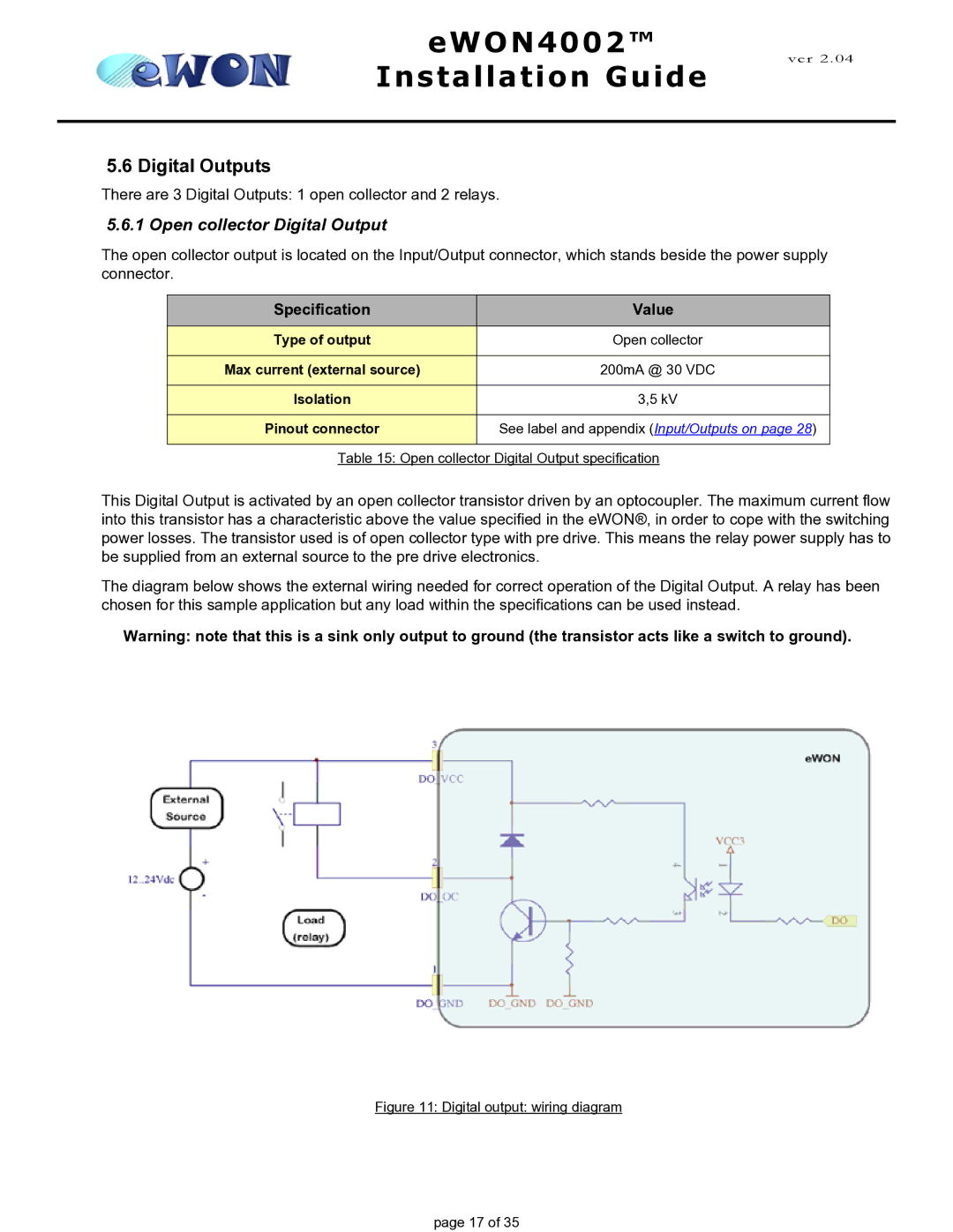Siemens eWON4002 manual Digital Outputs, Open collector Digital Output 