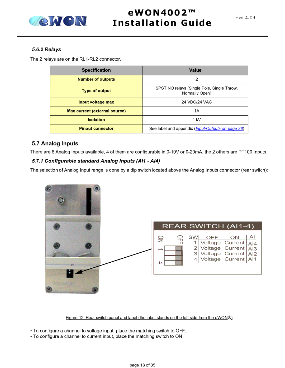 Siemens eWON4002 manual Relays, Configurable standard Analog Inputs AI1 AI4 