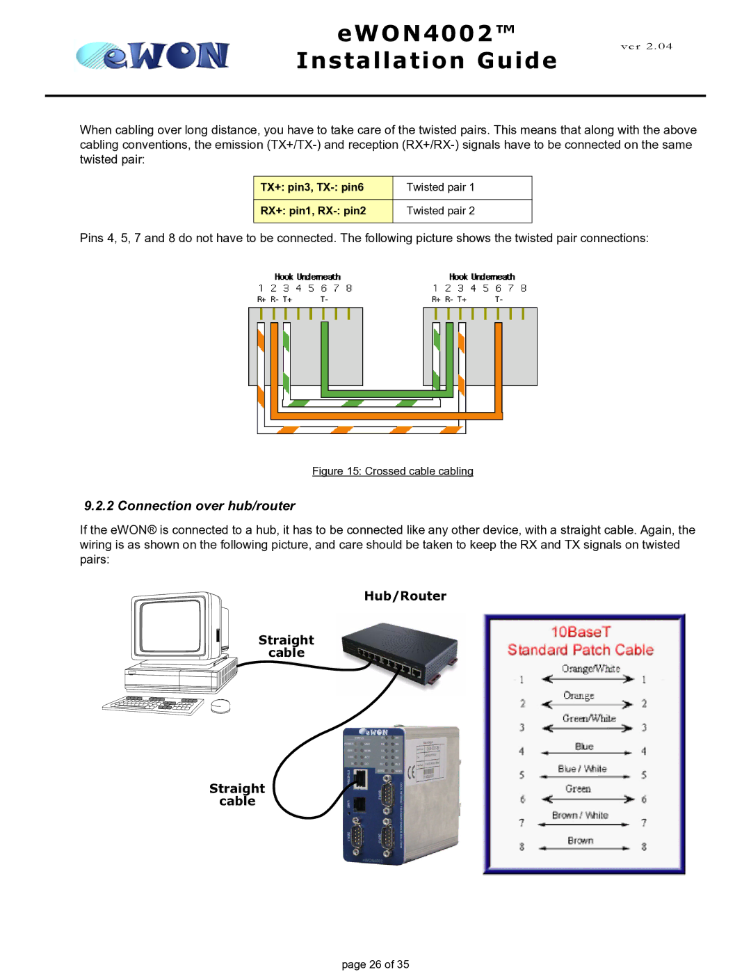 Siemens eWON4002 manual Connection over hub/router, Hub/Router Straight Cable 