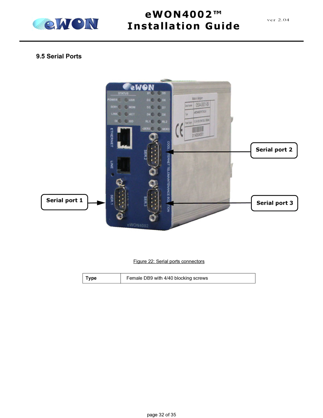 Siemens eWON4002 manual Serial ports connectors Female DB9 with 4/40 blocking screws 