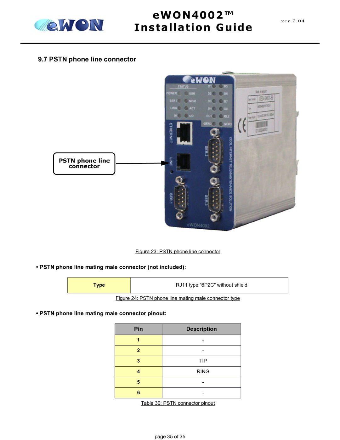 Siemens eWON4002 Pstn phone line connector, Pstn phone line Connector, Pstn phone line mating male connector not included 