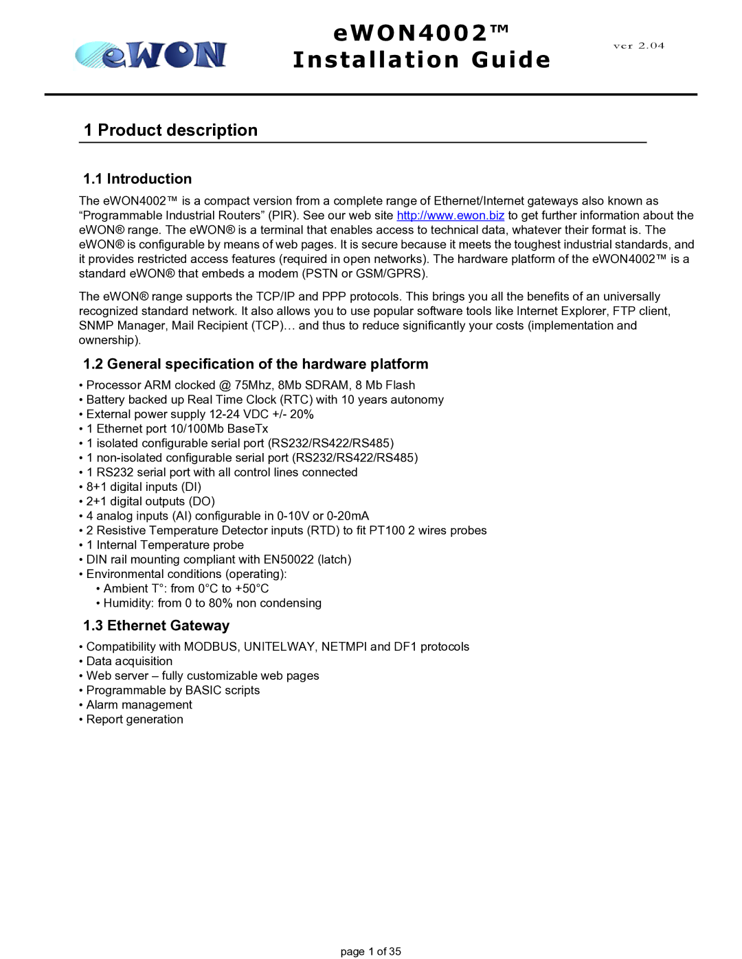 Siemens eWON4002 manual Product description, Introduction, General specification of the hardware platform, Ethernet Gateway 