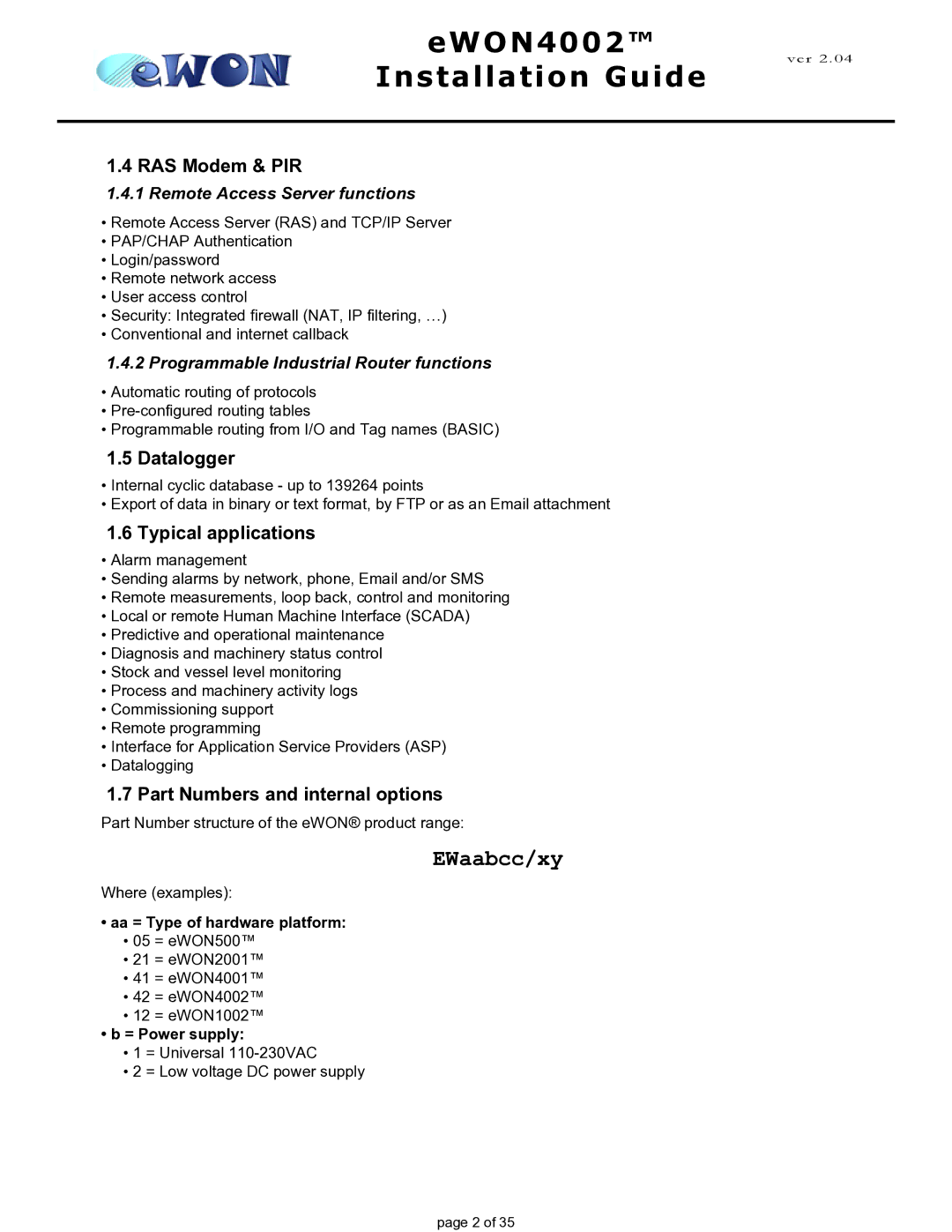 Siemens eWON4002 manual RAS Modem & PIR, Datalogger, Typical applications, Part Numbers and internal options 