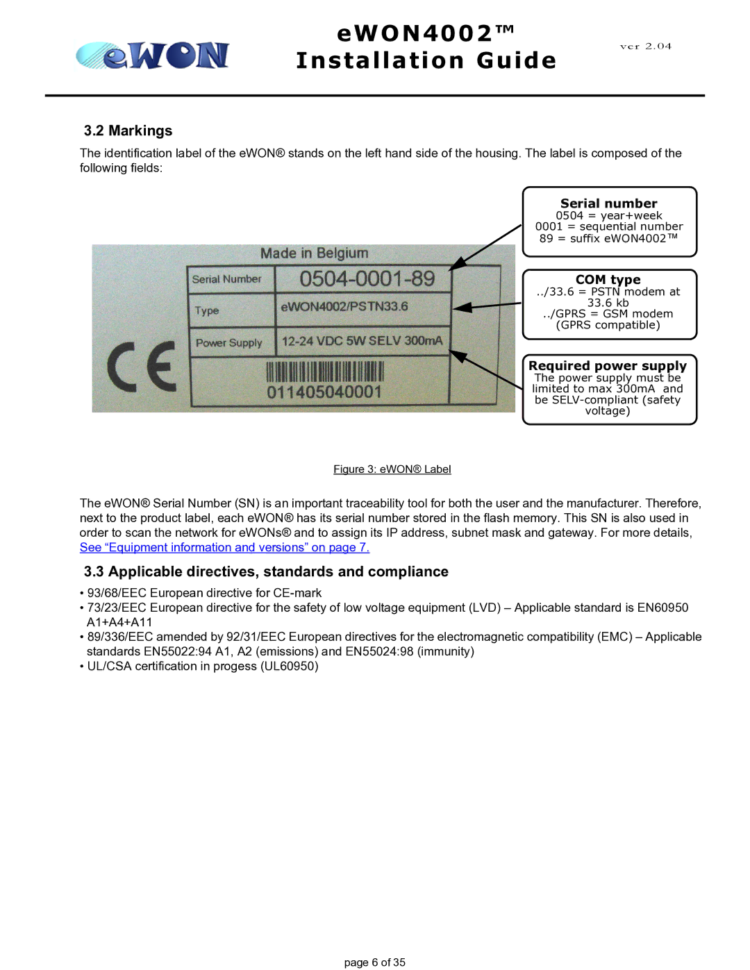 Siemens eWON4002 Markings, Applicable directives, standards and compliance, Serial number, COM type, Required power supply 