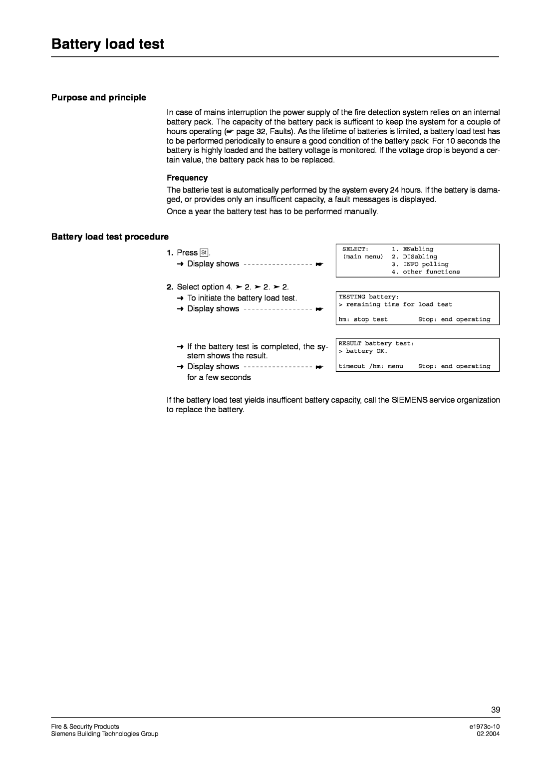 Siemens FC330A manual Purpose and principle, Battery load test procedure 