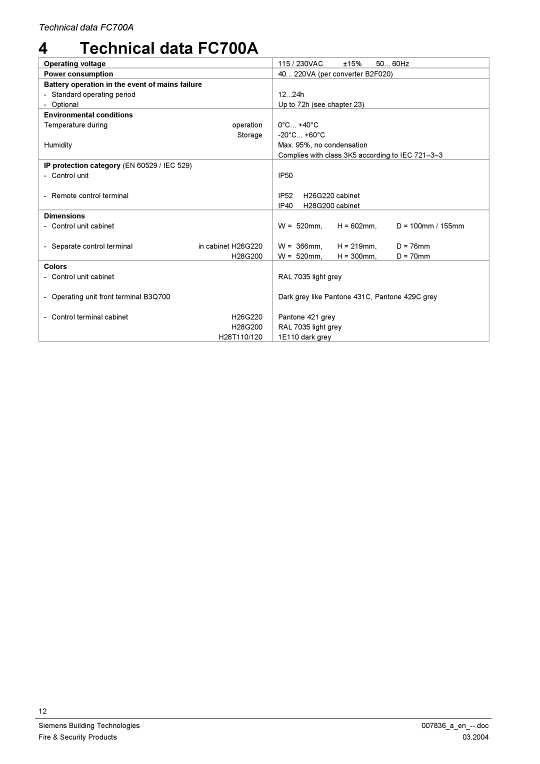 Siemens manual Technical data FC700A 