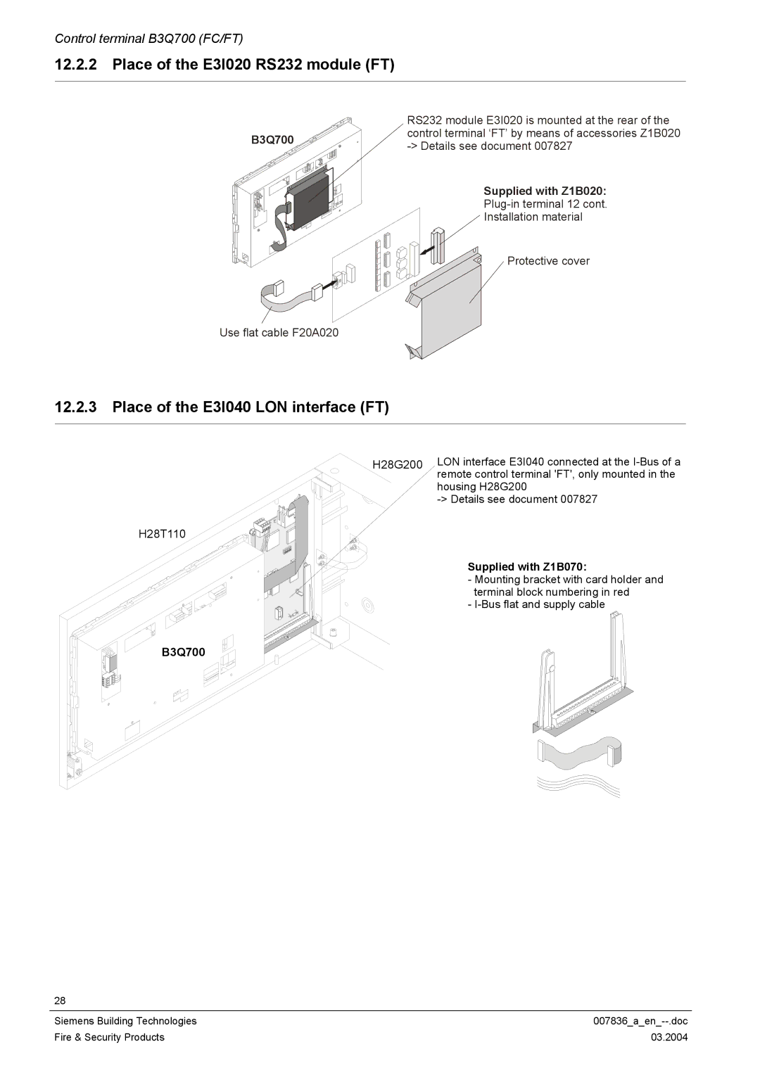 Siemens FC700A manual Place of the E3I020 RS232 module FT, Place of the E3I040 LON interface FT 