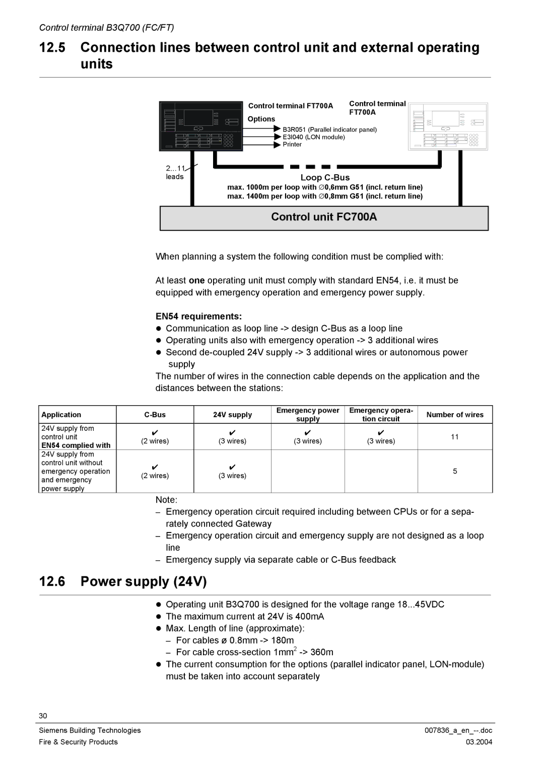 Siemens manual Power supply, Control unit FC700A, Loop C-Bus, EN54 requirements 