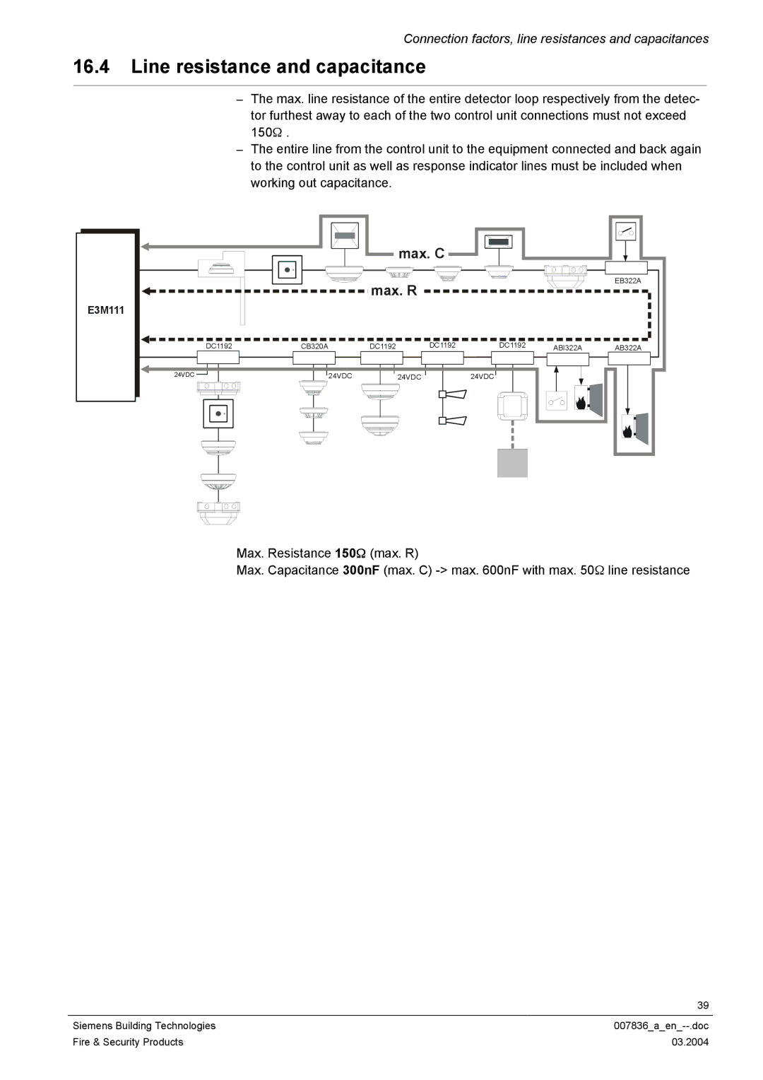 Siemens FC700A manual Line resistance and capacitance, Max. C Max. R 