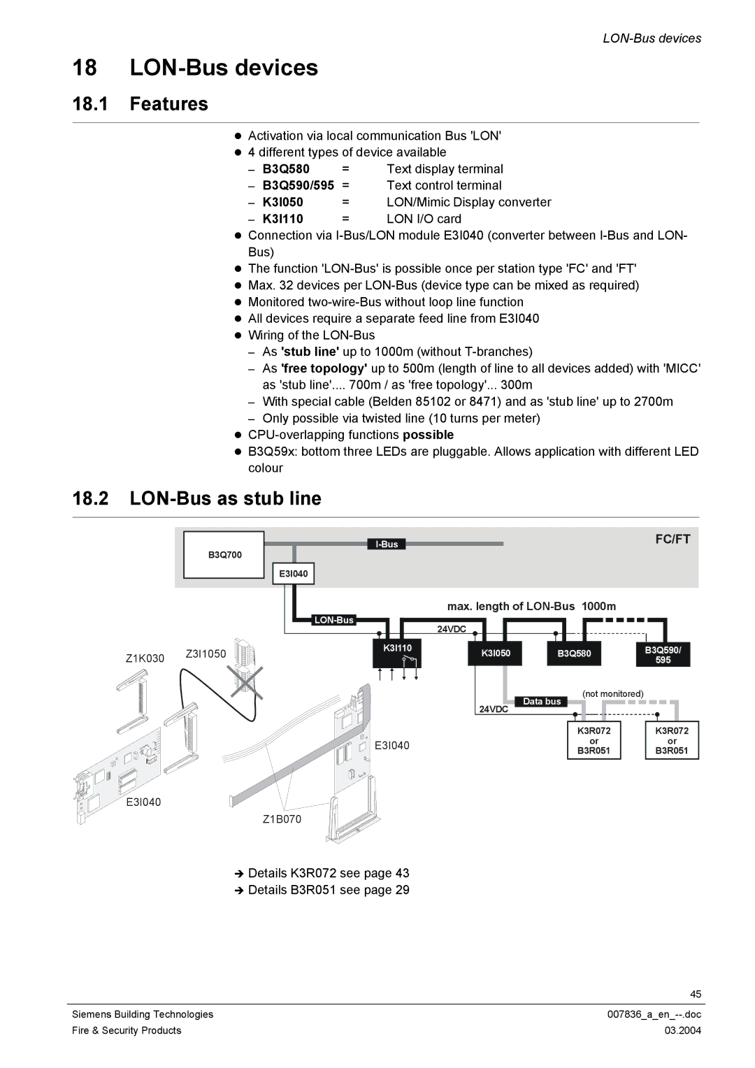 Siemens FC700A manual LON-Bus devices, LON-Bus as stub line 