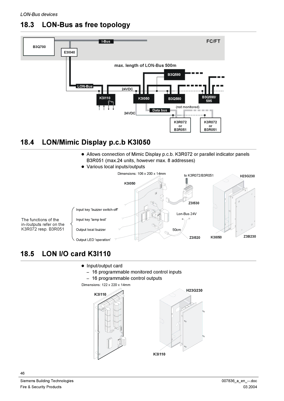 Siemens FC700A manual LON-Bus as free topology, 18.4 LON/Mimic Display p.c.b K3I050, LON I/O card K3I110 