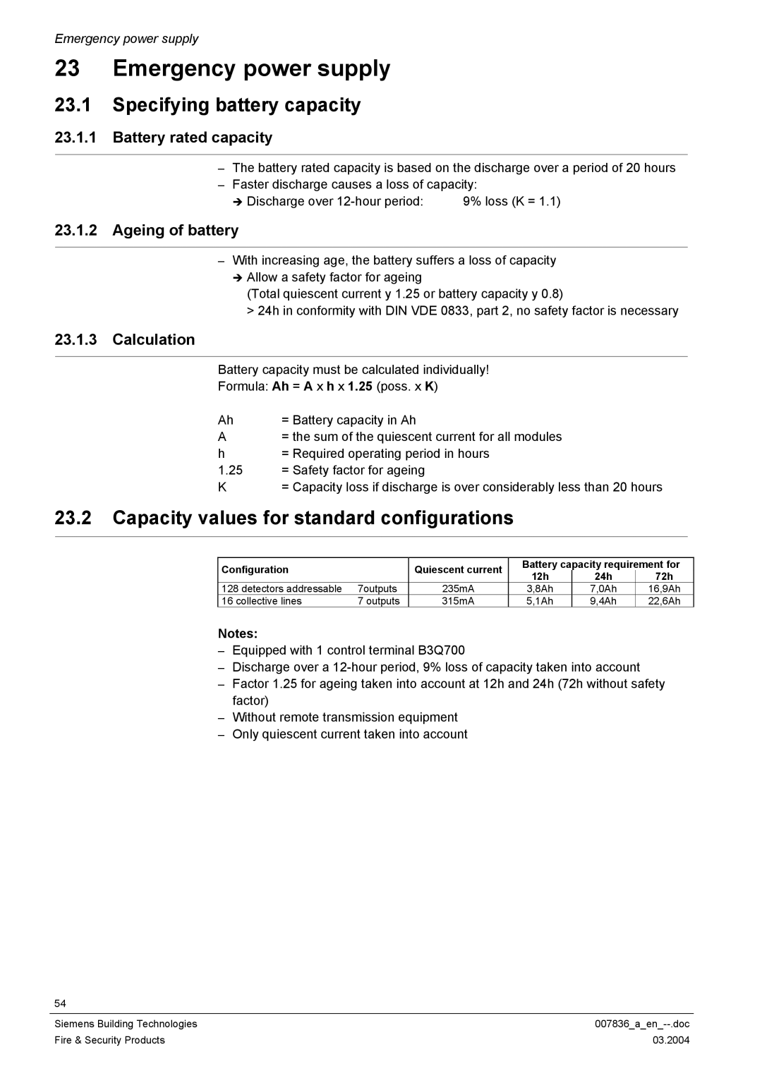 Siemens FC700A manual Emergency power supply, Specifying battery capacity, Capacity values for standard configurations 