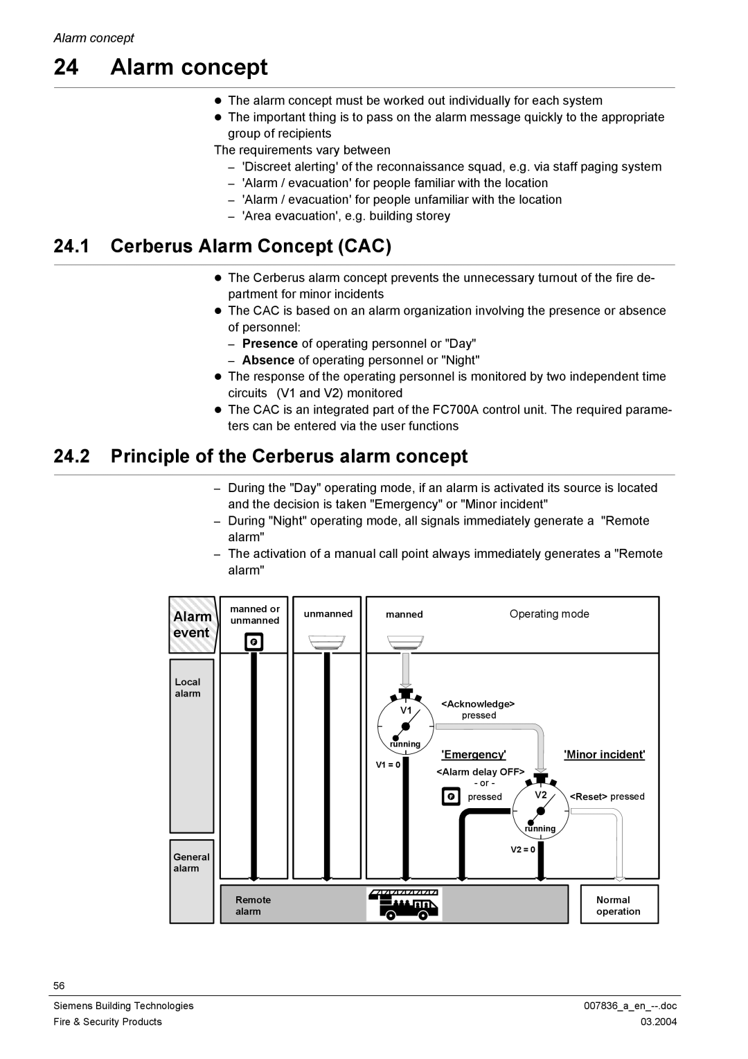 Siemens FC700A manual Alarm concept, Cerberus Alarm Concept CAC, Principle of the Cerberus alarm concept 