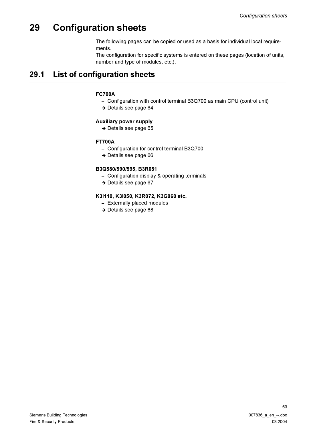 Siemens FC700A manual Configuration sheets, List of configuration sheets, Auxiliary power supply, B3Q580/590/595, B3R051 