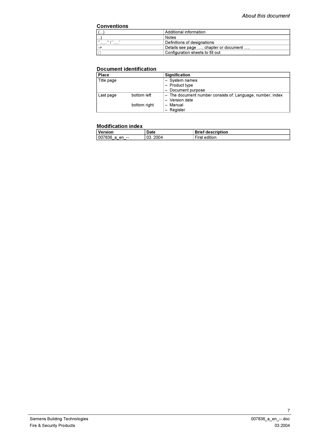 Siemens FC700A manual Conventions, Document identification, Modification index, Place Signification 