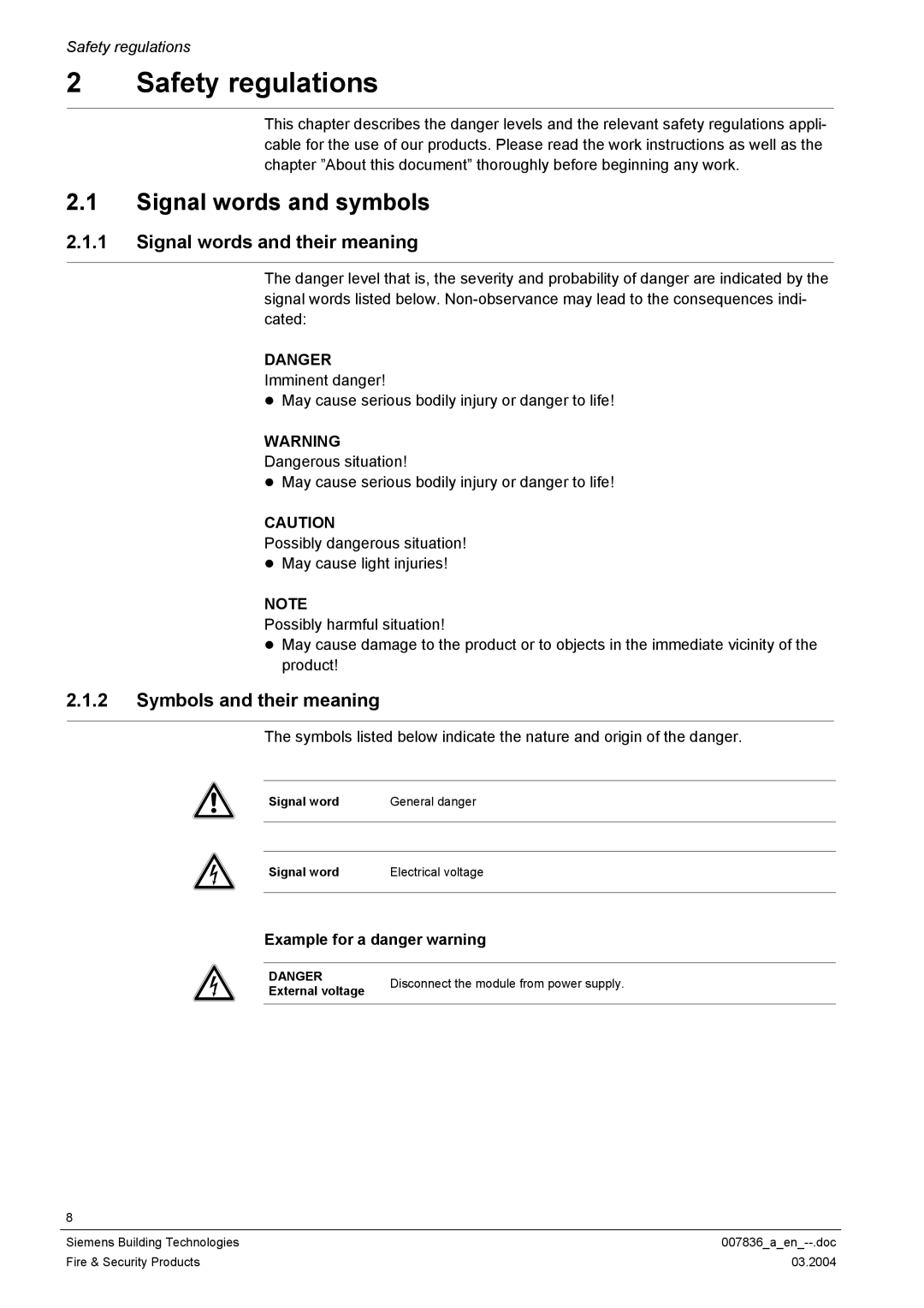 Siemens FC700A Safety regulations, Signal words and symbols, Signal words and their meaning, Symbols and their meaning 