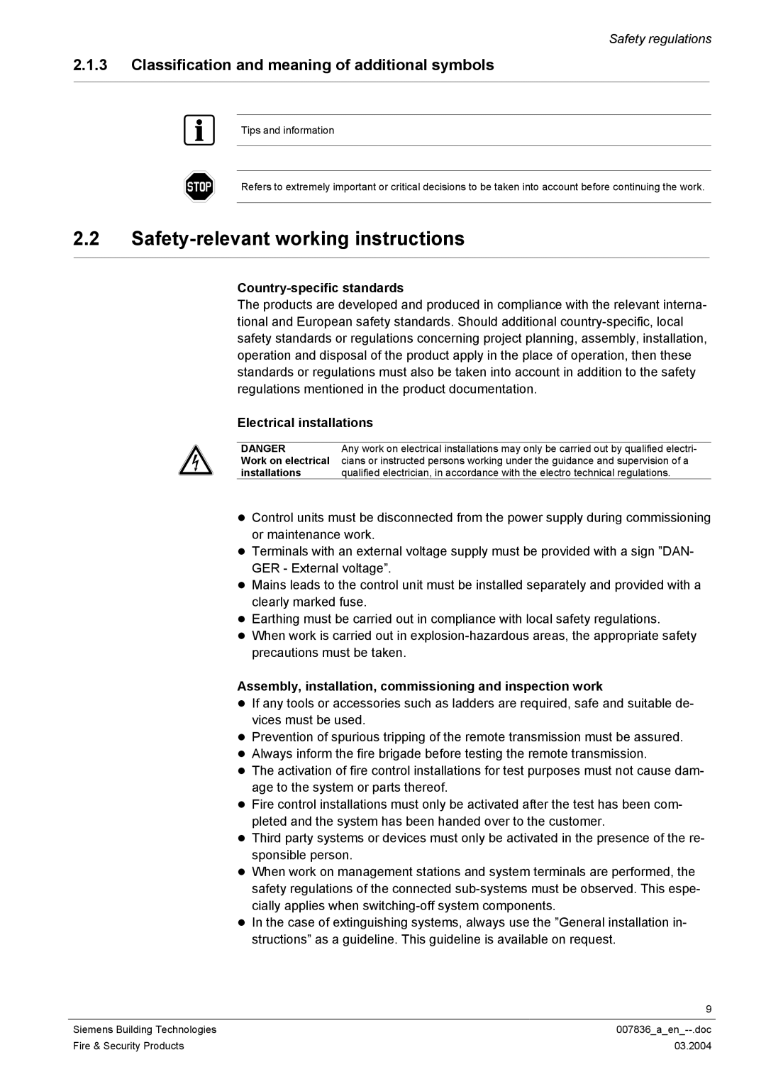 Siemens FC700A manual Safety-relevant working instructions, Classification and meaning of additional symbols 